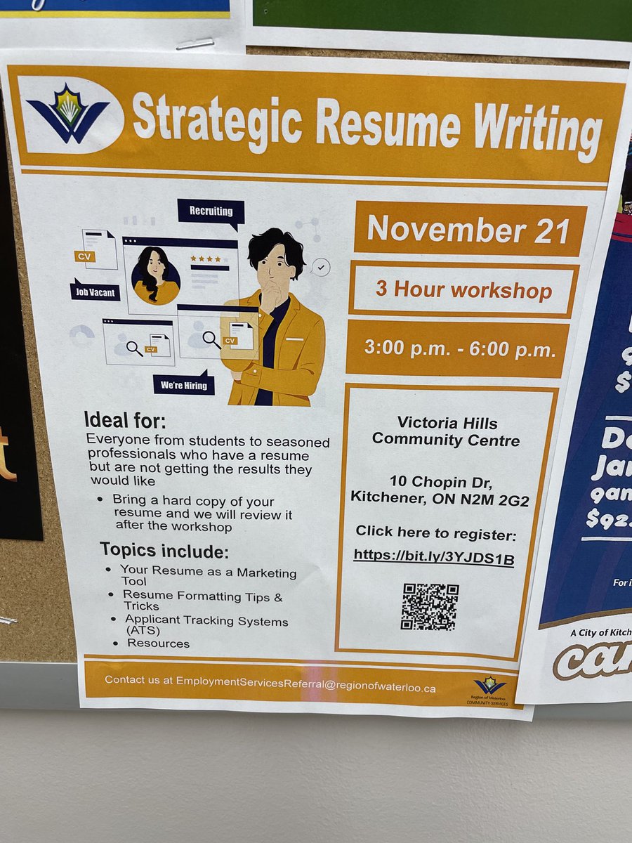 margjohnst's tweet photo. Hey #Ward8Kit! @RegionWaterloo is holding a resume writing workshop at the Victoria Hills Community Centre on November 21st information to register is below ⬇️ https://t.co/NzuHgLhO2r
