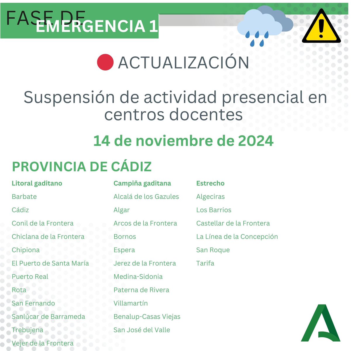 AndaluciaJunta's tweet photo. ⚠️🔴 Suspendidas las clases en las provincias de Huelva y Málaga, 29 municipios de Cádiz, 126 localidades de Granada y 76 de  Sevilla.

➡️ Ascienden a casi un millar las incidencias por la #DANA en #Andalucía, 757 de ellas en Málaga. 

Toda la info aquí 👉🏻 https://t.co/lB9sWmbRKr https://t.co/fxYjpYX9zf