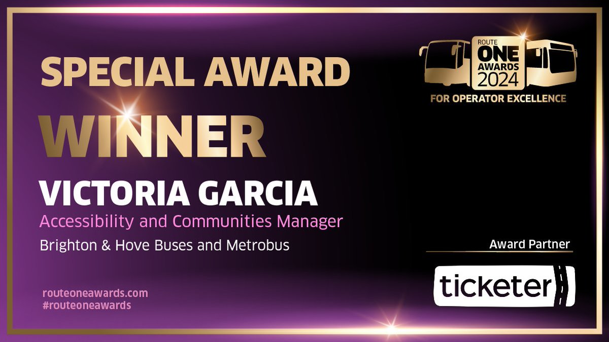 Congratulations to Victoria Garcia MBE, Accessibility and Communities Manager at <a href="/BrightonHoveBus/">Brighton & Hove Buses</a> and <a href="/METROBUS/">METROBUS</a>! Winner of the Special Award, partnered by <a href="/Ticketer_UK/">Ticketer</a>. #routeoneawards