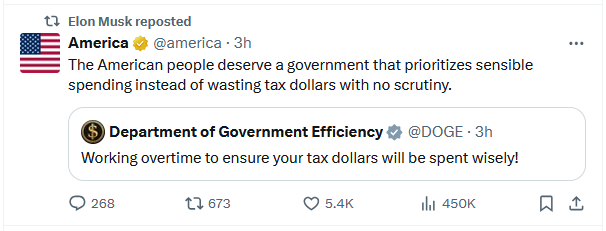 Elon retweeting Elon's PAC praising Elon's government department. Sheesh.