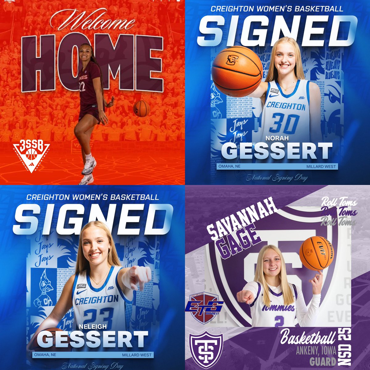 ETG 3SSB Girls 16U (@elitebb2024) on Twitter photo ETG players signing today:
<a href="/AmaniTJenkins/">Amani Jenkins</a> β> <a href="/HokiesWBB/">Virginia Tech Women's Basketball</a>
<a href="/norahgessert/">Norah Gessert</a> β> <a href="/CreightonWBB/">Creighton Womenβs Basketball</a>
<a href="/neleighgessert/">Neleigh Gessert</a> β> <a href="/CreightonWBB/">Creighton Womenβs Basketball</a>
<a href="/SavyGage/">Savannah Gage</a> β> <a href="/TommieWBBall/">St. Thomas Women's Basketball</a> ETG players signing today:
<a href="/AmaniTJenkins/">Amani Jenkins</a> β> <a href="/HokiesWBB/">Virginia Tech Women's Basketball</a>
<a href="/norahgessert/">Norah Gessert</a> β> <a href="/CreightonWBB/">Creighton Womenβs Basketball</a>
<a href="/neleighgessert/">Neleigh Gessert</a> β> <a href="/CreightonWBB/">Creighton Womenβs Basketball</a>
<a href="/SavyGage/">Savannah Gage</a> β> <a href="/TommieWBBall/">St. Thomas Women's Basketball</a>