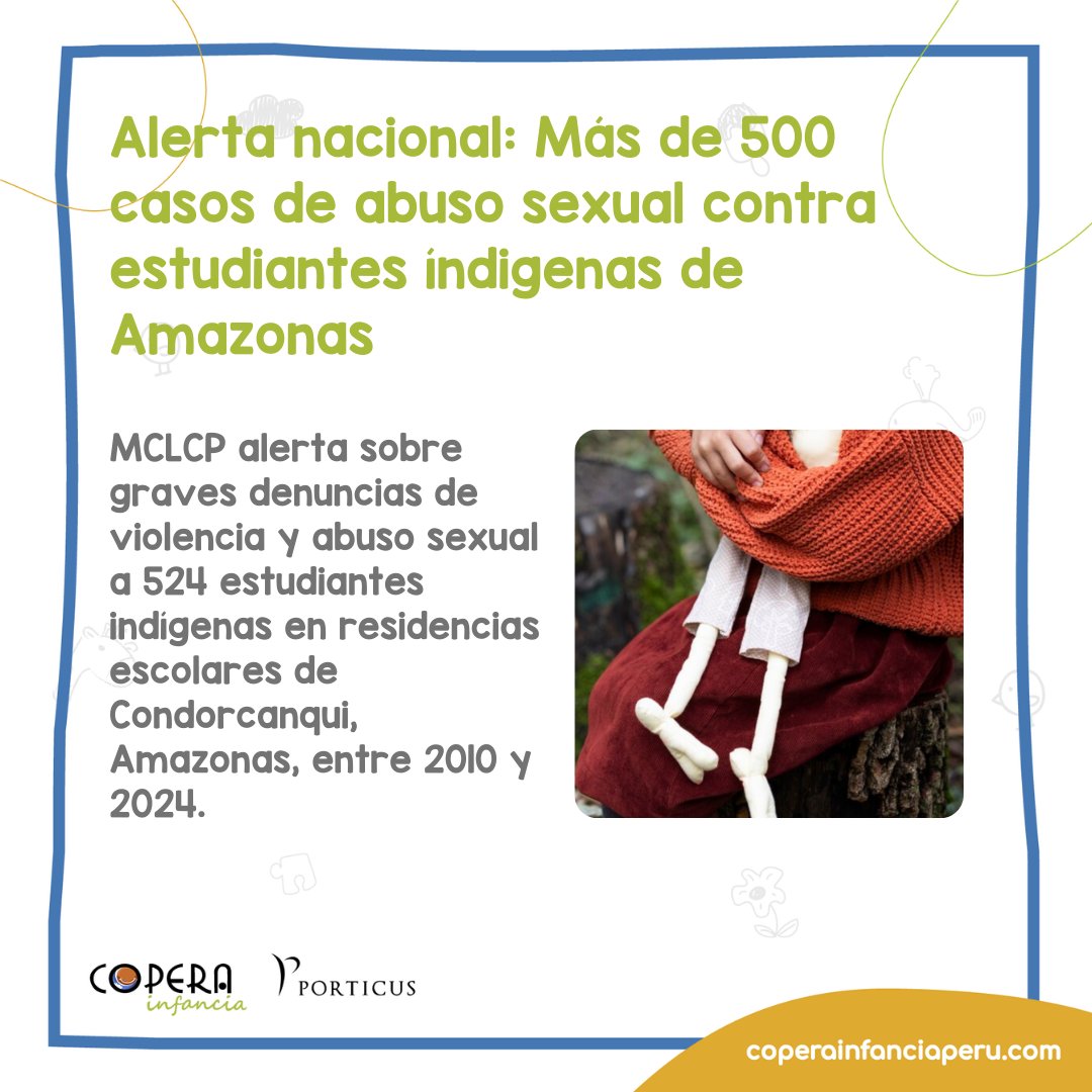 Alerta de la  #MCLCP: Denuncian casos de violencia y abuso sexual a 524 niñas, niños y adolescentes indígenas.

📌 Lee más en la siguiente nota: coperainfanciaperu.com/.../alerta-nac…

#ProtecciónInfantil #CadaNiñayNiñoCuenta