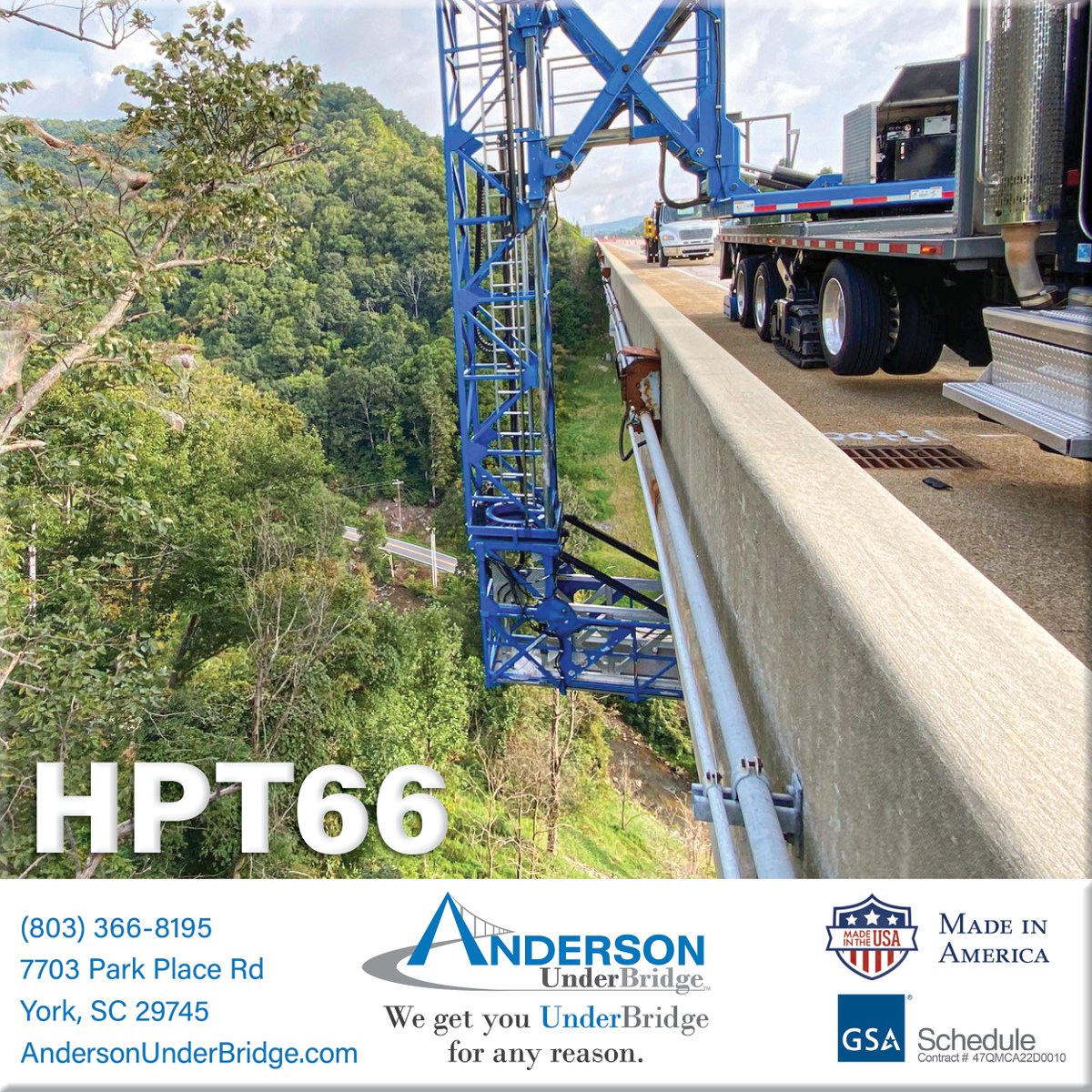 Anderson_UB's tweet image. The #AndersonUnderBridge #HPT66 is perfect for safe #UnderBridgeAccess beneath a multi-lane bridge or interchange. Our largest #HydraPlatform, it has a 21’ drop depth and extends 66’. It’s 180° rotation capability allows you to work beneath 4,100 sf in a single deck placement.
