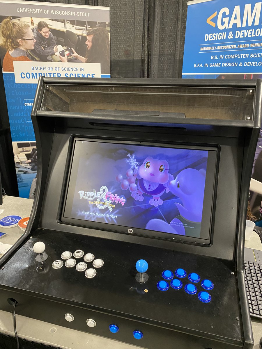 UWStoutGDD's tweet photo. Our #mdevconf2024 booth (complete with custom arcade & student-made games) showcasing our #BFA #Coding and #MFA degree programs 🕹️🎮 https://t.co/kD4AqnbuYn