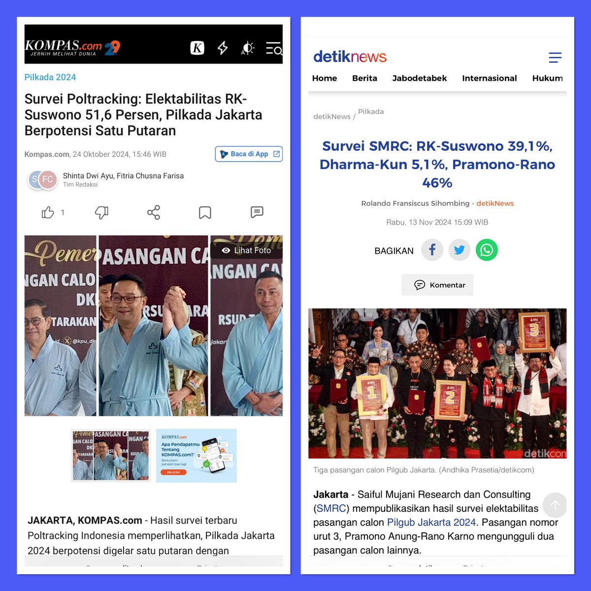 PILKADA DKJ ⁉️

Hasil survei Poltracking : RK-Suswono menang satu putaran.
Hasil Survei SMRC : Pram-Rano menang satu putaran

Hasil Survei Gue : Siapa yg menang ? Sbentar yaa, masih nunggu siapa yg bayar ?
😁😁😁