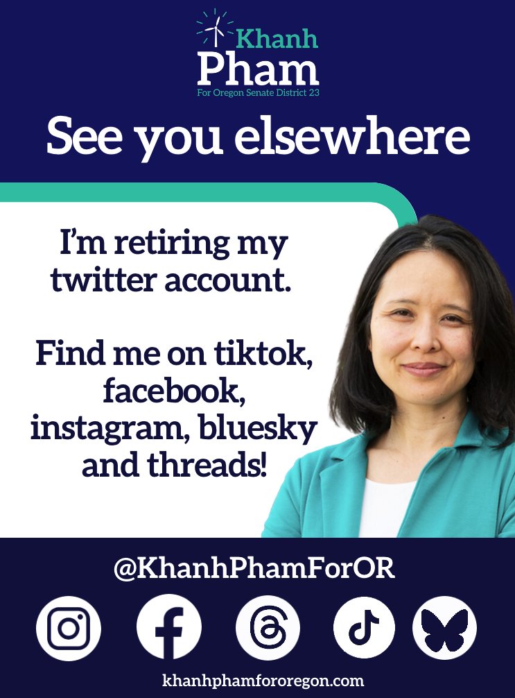 Friends, I'm officially retiring my twitter account. My campaign account will still be on facebook, instagram, and threads, and I've recently launched accounts on bluesky and tiktok as well. Please follow me on these other platforms!

#orpol #orleg