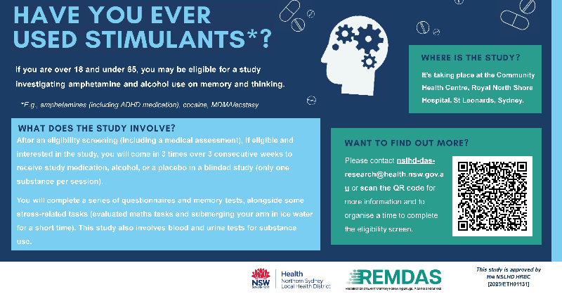DanWinter_AU's tweet photo. Have you ever used stimulants? @Sydney_uni researchers are looking for people 18-65 for a study investigating amphetamine &amp; alcohol use on memory &amp; thinking.

Register your interest for this study at: https://t.co/ZU1pBz7zfH

More info on poster below.
#share #retweet #science 🧑‍🔬