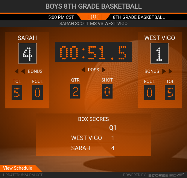 SSScotties's tweet photo. Q1 End
West Vigo: 1
Sarah Scott: 4
Boys 8th Grade Basketball
-------------------
Stream live score: https://t.co/i1TqCCGF8r
@ssms_athletics https://t.co/FyPep2FZcC