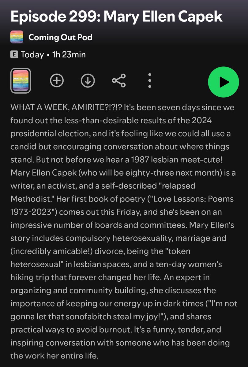 WHAT A WEEK, AMIRITE?!?!? It's feeling like we could all use a candid but encouraging conversation about where things stand 💗 But not before we hear a 1987 lesbian meet-cute from writer and activist Mary Ellen Capek, who will be eighty-three next month! open.spotify.com/episode/5doHZa…