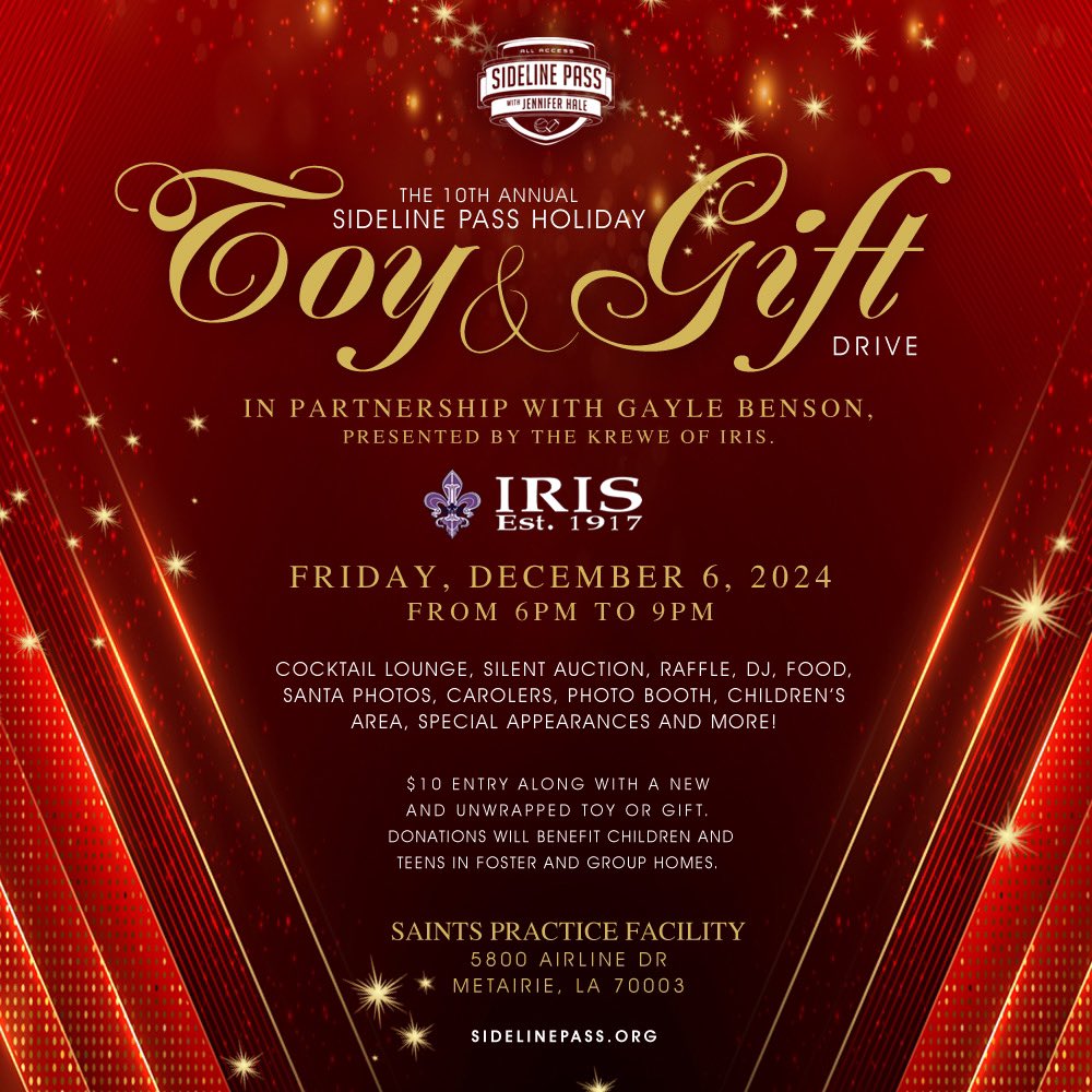 Here’s the official invite for the 10th Annual Sideline Pass Holiday Toy and Gift Drive in partnership with Gayle Benson, presented by @kreweofiris. 

Get tickets at SidelinePass.org and check off our wishlist amazon.com/hz/wishlist/ls…

For sponsorship info@sidelinepass.org