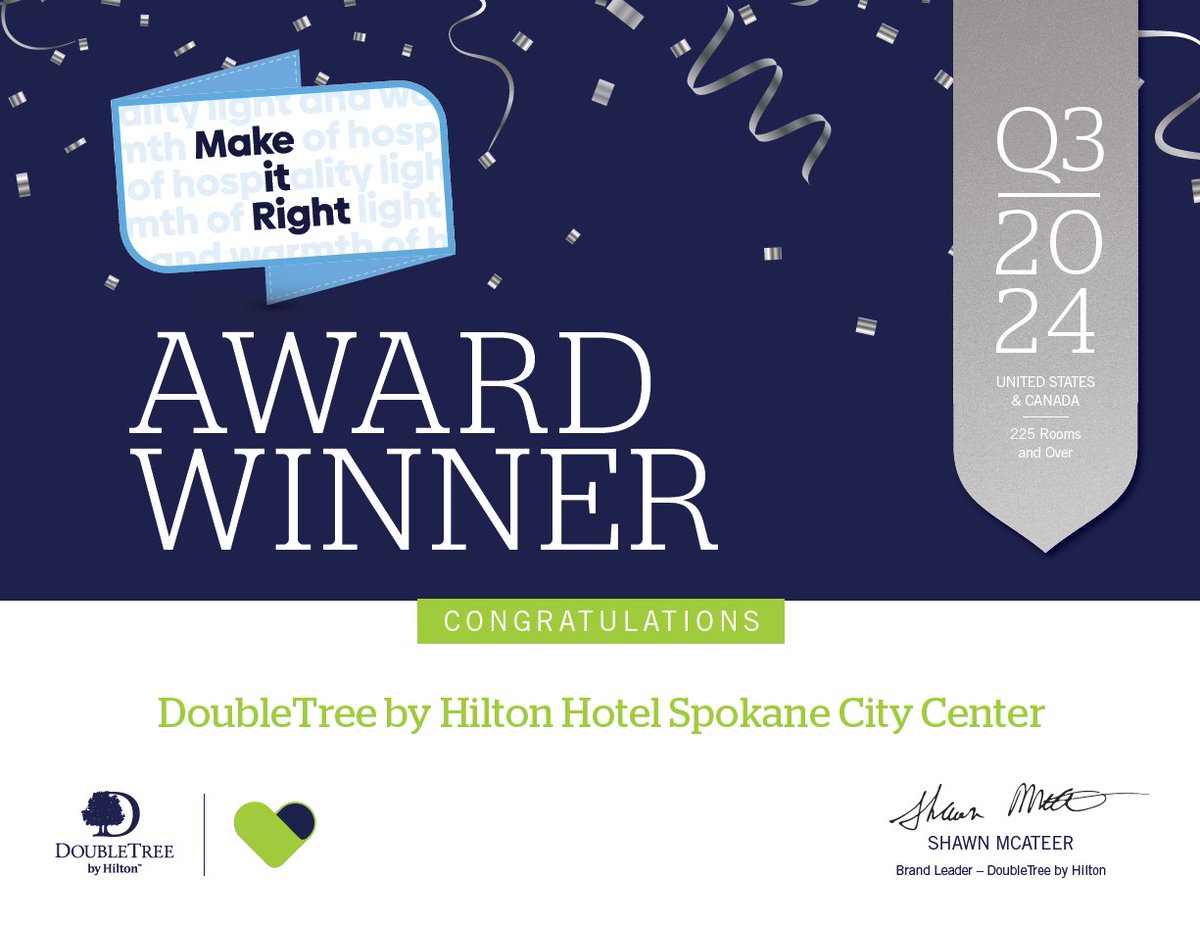 We’re honored to be recognized as #1 in the Make it Right 2024 3rd Quarter Award, ranking first among 400+ DoubleTree hotels across the USA and Canada! This award celebrates exceptional Service Quality, Hilton Honors Appreciation, Overall Cleanliness, and Problem Resolution.