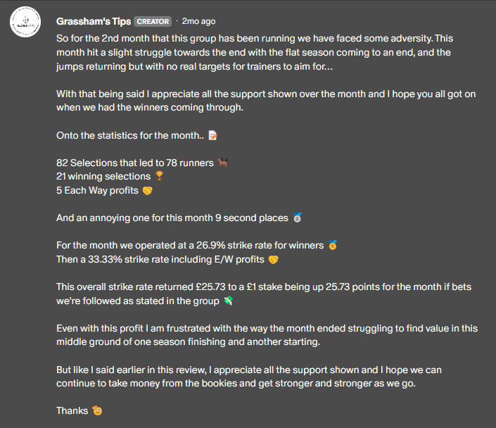 Grasshamstips's tweet photo. Month 2 offered 25.73 points of profit to the group and kept us firmly in the green 💸 https://t.co/3hsJpyooQ8