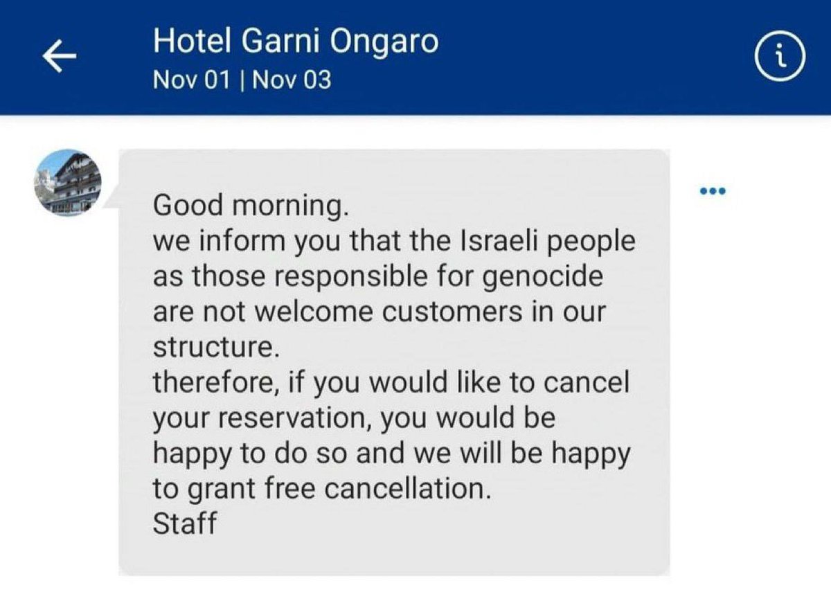 A group of young Israelis booked a hotel in Italy for a few days… and this is the response they got from the hotel on Booking dot com. 

Europe has truly fallen

What do you think about this <a href="/GiorgiaMeloni/">Giorgia Meloni</a>?