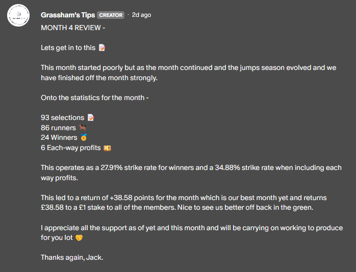 Grasshamstips's tweet photo. Month 4 was our best yet returning 38.58 points of profit to the group and put us to over the 100 points of profit mark 🐎 https://t.co/jc4bpPYmil