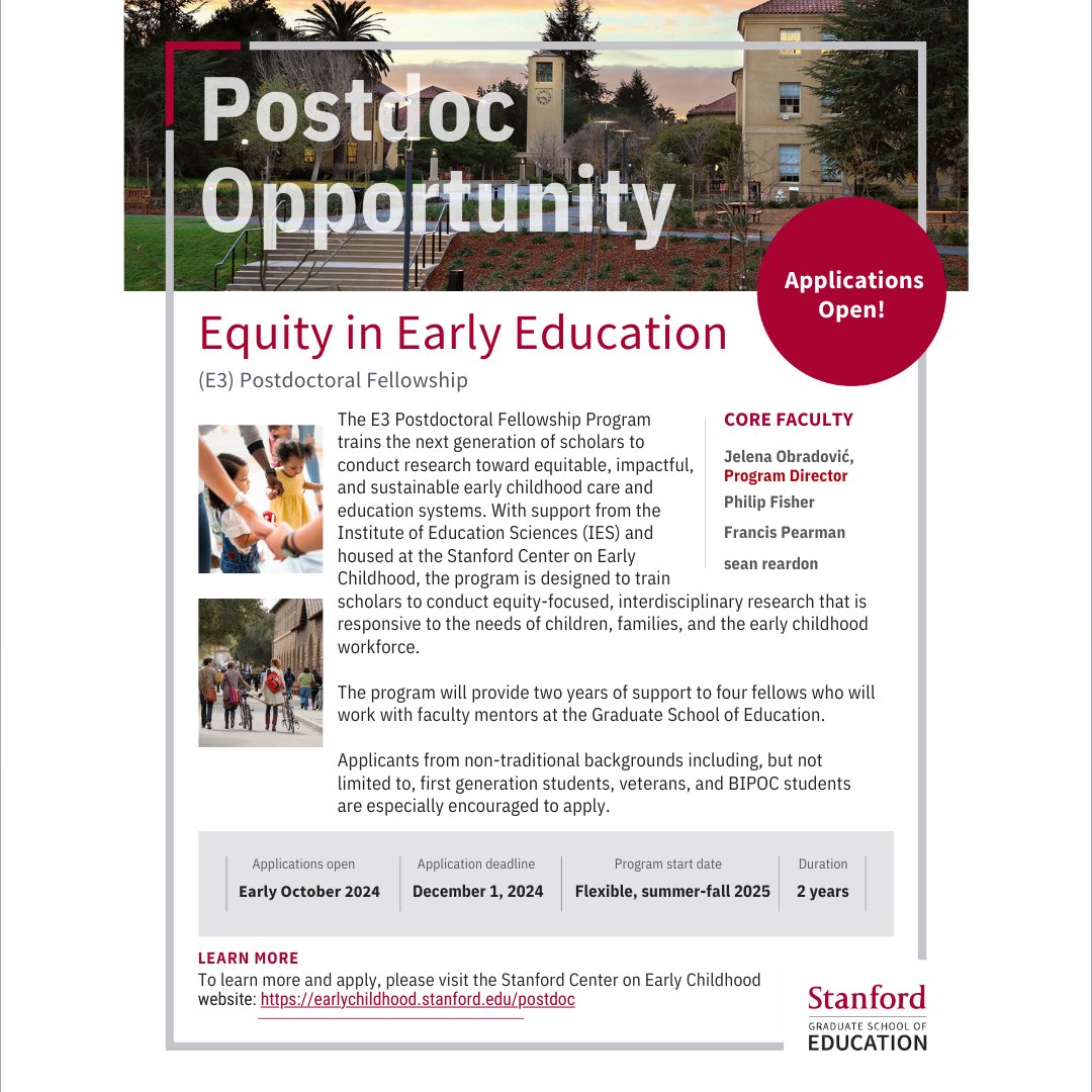 🚨 We've extended our deadline for the E3 Postdoctoral Fellowship to December 1st! More info here: earlychildhood.stanford.edu/postdoc