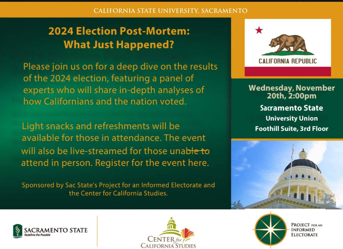 PIESacState's tweet image. A week from today, Join us and the Center for CA Studies for an election post-mortem featuring Prof. Danielle Joesten Martin, Prof. Nancy Lapp, Prof. Kristina Flores Victor, and  Prof. Wesley Hussey, focused on CA, international perspectives, impact on immigrants, and more.