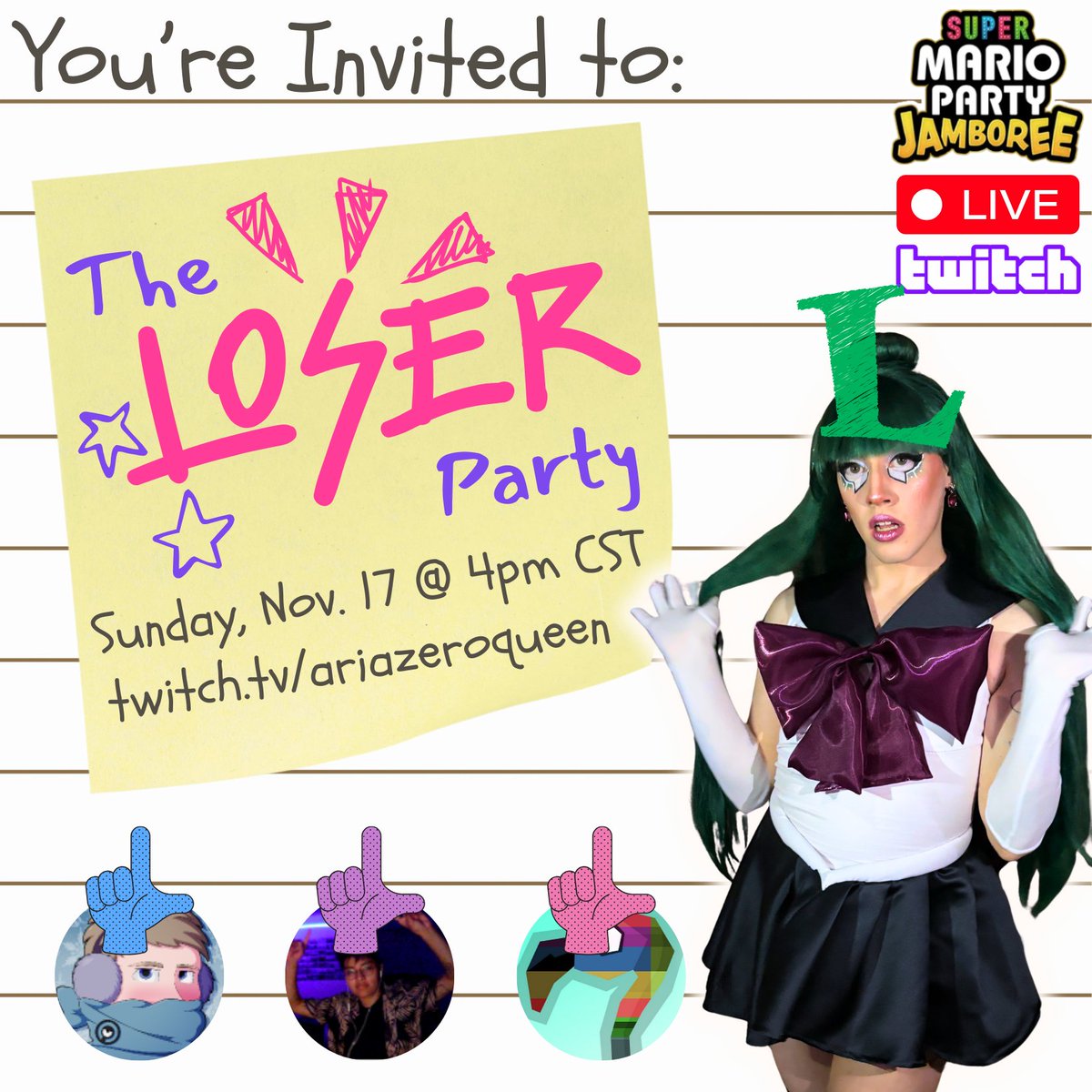 **YOU'RE INVITED** to the LOSER party!

Join me, Opal, Mary, and Jarrod in a special session of Super Mario Party Jamboree where we all try to LOSE the game!

We will be live on Sunday, Nov. 17 at 4pm CST over at twitch.tv/ariazeroqueen