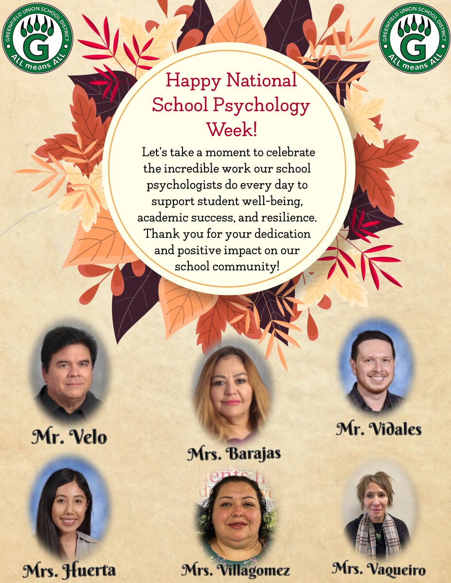 Happy National School Psychology Week to our incredible psychologists! 🎉 
<a href="/krisvasquez75/">Kristine Vasquez</a> <a href="/LCortezGUSD/">Laura Cortez</a> <a href="/GUSDEdServices/">Greenfield Union SD</a> <a href="/VistaVerdeGrizz/">Vista Verde</a> <a href="/MCAKodiaks/">Mary Chapa Academy</a> <a href="/AsesOaes/">OAES ASES</a> <a href="/ASA_PolarBears/">Arroyo Seco Academy</a> <a href="/CCES_GUSD/">Cesar Chavez Elem.</a>