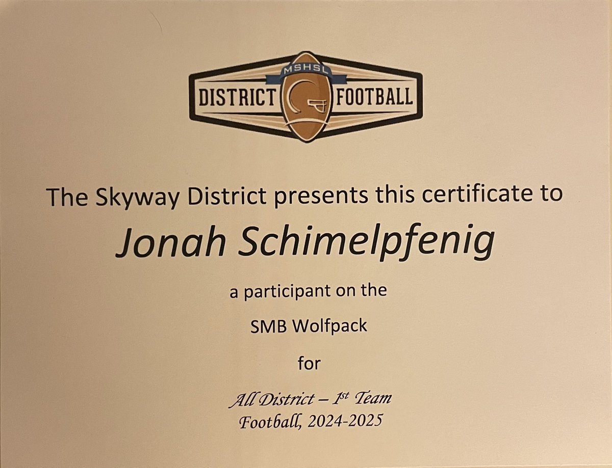 jonahschim5's tweet photo. Blessed to be named first team all district and also most valuable teammate! 
@SMB_WOLFPACK_FB 
@PrepRedzoneMN https://t.co/fb91rJvY0M