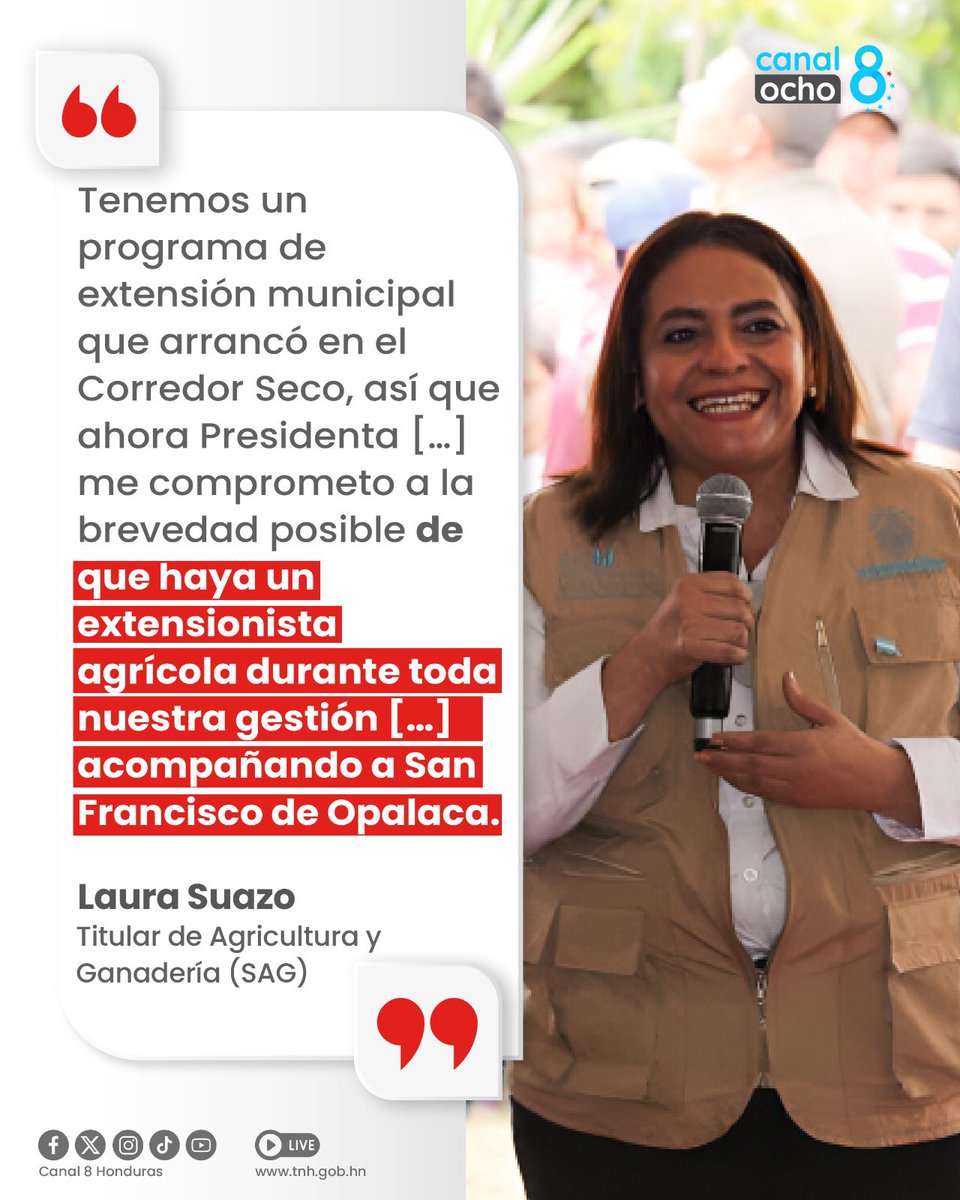 Canal8_hn's tweet photo. #Canal8 || 🔴🗣️La titular de la Secretaría de Agricultura y Ganadería (@saghonduras), @LauraSuazoT se comprometió  con la brevedad posible de que haya un extensionista agrícola durante toda nuestra gestión acompañando a San Francisco de Opalaca.

#SAG #LauraSuazo #BonoTecnológico https://t.co/OLhpnZbJ9D