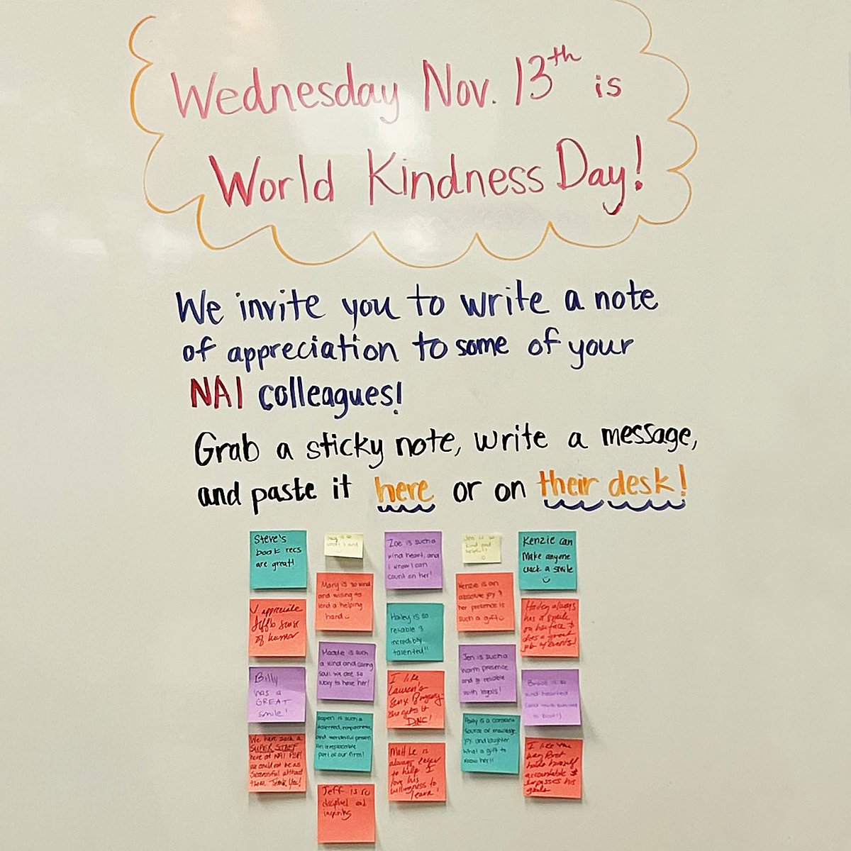 NAIPSP's tweet photo. Happy World Kindness Day! Today, we invited our Bellevue office to share notes of appreciation and post them on our whiteboard. Together, we can make the world a little more kind! #WorldKindnessDay #NAIKindnessDay #NAIPSPeople https://t.co/ejz2jlRVrz