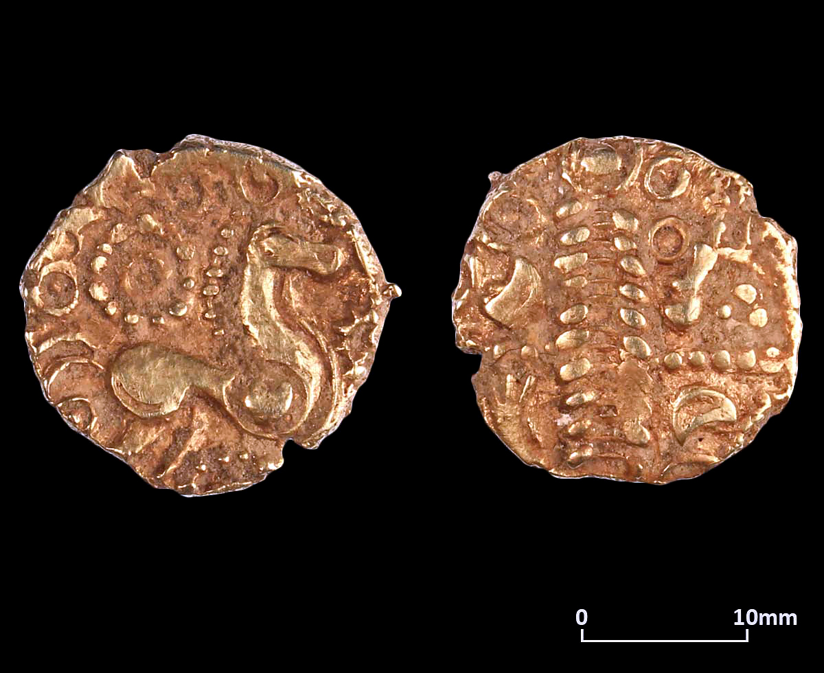 This glitter actually IS gold ✨ This is a very rare 𝗚𝗼𝗹𝗱 𝗤𝘂𝗮𝗿𝘁𝗲𝗿 𝗦𝘁𝗮𝘁𝗲𝗿, dating from around 𝟭𝟱 𝗕𝗖 𝘁𝗼 𝗔𝗗 𝟱. It was minted by the #𝗜𝗰𝗲𝗻𝗶 tribe and discovered by us during excavations at Mildenhall, #𝗦𝘂𝗳𝗳𝗼𝗹𝗸.

The beautiful coin features a