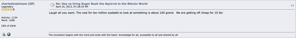 whodoneit21's tweet photo. So Charles Hoskinson (yes that one) had the idea to create a meme of Sugar the Squirrel holding  bitcoin logo in order to market Bitcoin way back in 2013.  Thread continues with people posting pictures of Sugar along with now hilarious statements. 

Lore is unmatched. Squirrel Szn