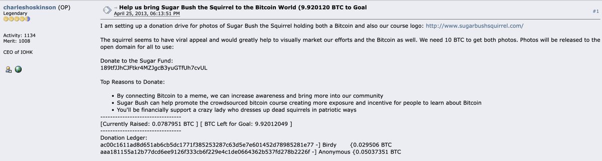 whodoneit21's tweet photo. So Charles Hoskinson (yes that one) had the idea to create a meme of Sugar the Squirrel holding  bitcoin logo in order to market Bitcoin way back in 2013.  Thread continues with people posting pictures of Sugar along with now hilarious statements. 

Lore is unmatched. Squirrel Szn