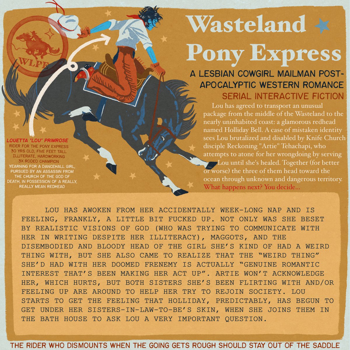knifechurch's tweet photo. 🐎👩‍❤️‍💋‍👩✨Post-apocalyptic Lesbian Cowgirl Mailman 🐎🤠💌choose-your-own adventure update 5.8!! Read it for free on Patreon: https://t.co/J0h7Qbfn8i https://t.co/R1gyMUokv8