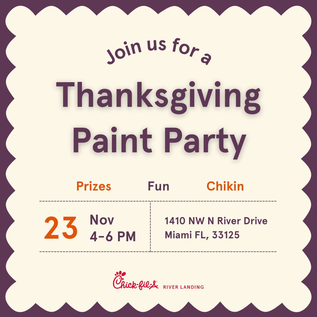 Chickfila_RL's tweet photo. Come join us for a fun-filled Thanksgiving Paint Party! Let your creativity flow as we celebrate with friends, family and of course, the cow! All materials will be provided, just bring your enthusiasm! See you there! 🦃🧡

To reserve your spot, scan the QR code on the next image! https://t.co/3h6Yiy9mJW
