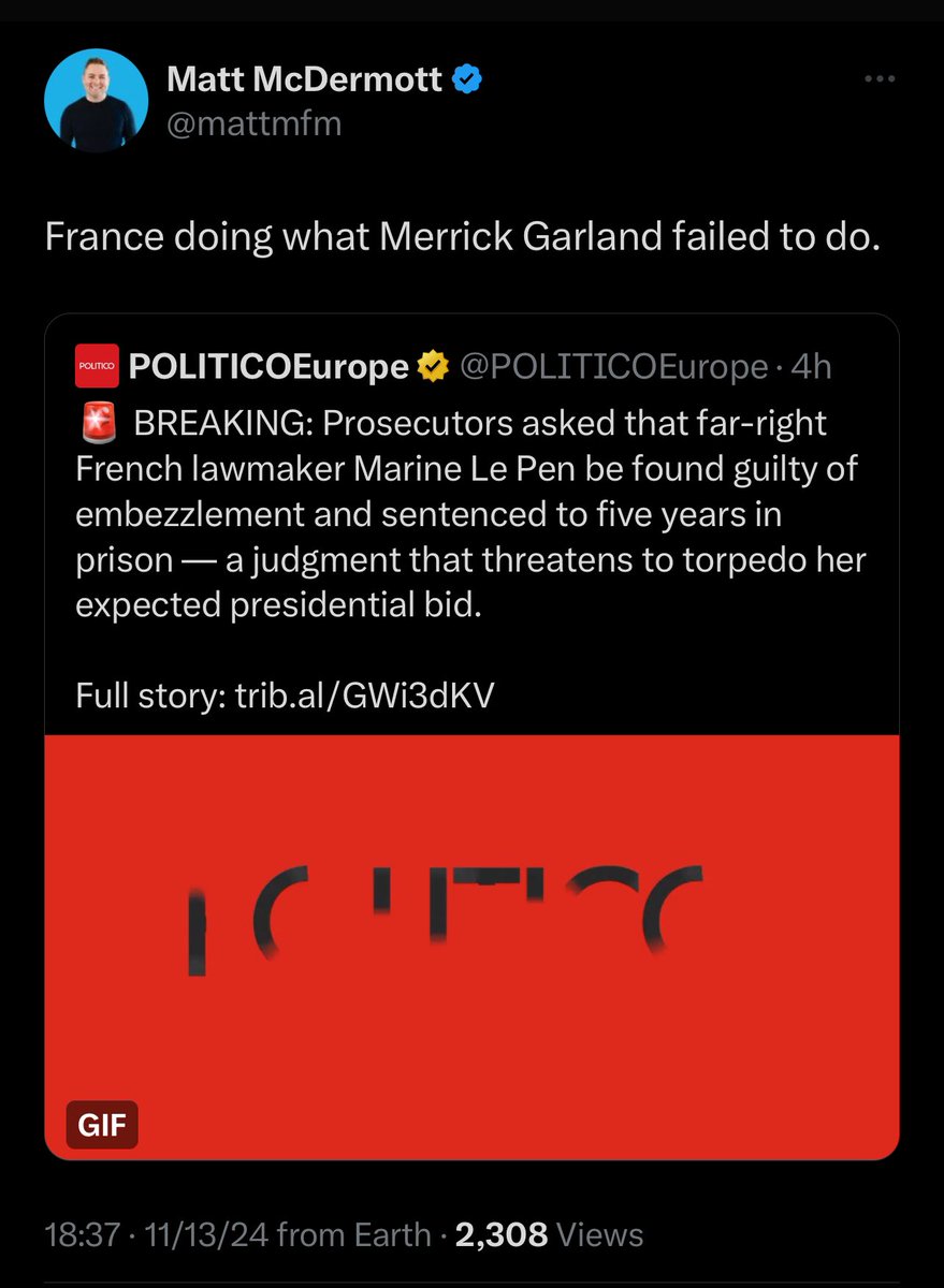 France did exactly what Merrick Garland is doing. An investigation into Marine Le Pen was opened in 2016. She was not formally charged until September 2023. Her trial began on September 30th of this year. That’s 8 years!

The law just doesn’t move at the speed of politics.