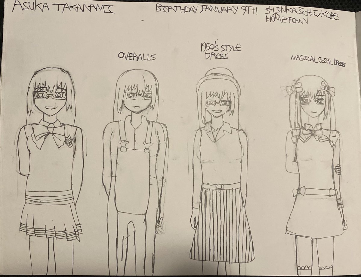 elitedonutjord1's tweet photo. Here is a sketch of (except for the one to the farthest left in the drawing) some alternate costumes for Asuka Takanami, my original character for the upcoming game, Corpse Party II Darkness Distortion.
#OC #originalcharacter #corpseparty #corpsepartyoc #copa2DD #CP2DD #ocart https://t.co/g8XdlsoMe0