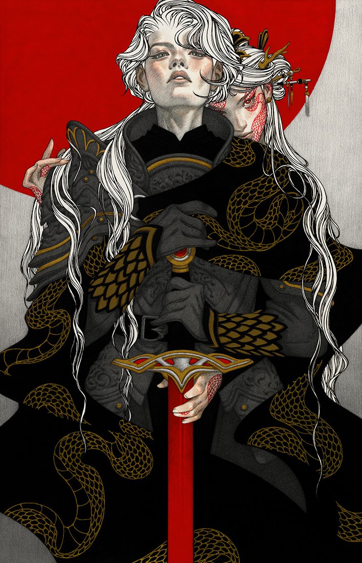 ⚔🔴✨ "Brighter Than Scale, Swifter Than Flame," ink &amp; graphite on bristol paper, 9x14", $3500 (original available, contact mail@mynameistran.com).

New cover for Neon Yang's upcoming novella "Brighter Than Scale, Swifter Than Flame," published by <a href="/torbooks/">Tor Books</a>! AD Lesley Worrell