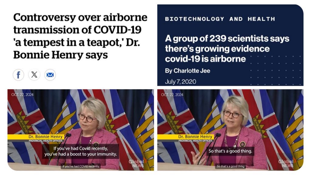 Our Dear CPHO (BC, Canada) Dr. #fireBonnie Henry. 

- Still denying the airborne nature of #COVID19 after 5 years. 

- Tells the public that getting the virus causing the pandemic "is a good thing" (with a smile on Her face). 

BC must #fireBonnie &amp; stop giving Her awards. 😡