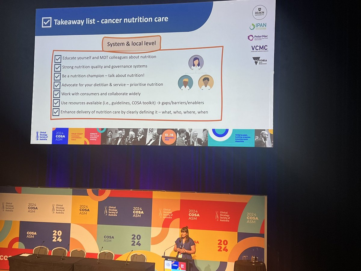 Malnutrition and sarcopaenia, 1/3 people with cancer, 2 fold mortality risk 

So much more than the anti cancer drugs we need to prioritise in the oncology clinic 

Love a good list ✅

#cosa24 D2 plenary <a href="/COSAoncology/">COSA</a>