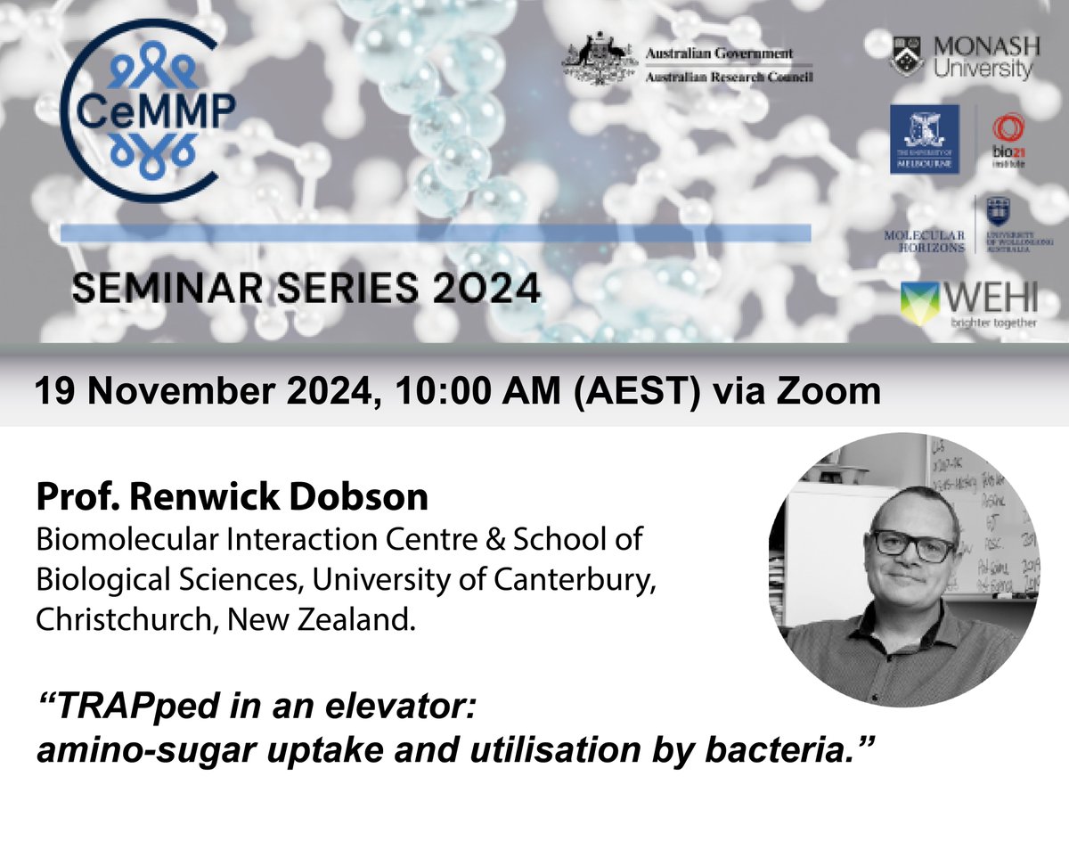 ARC CCeMMP (@ccemmp) on Twitter photo Seminar time! ⏰Our next <a href="/arc_gov_au/">Australian Research Council</a> CCeMMP seminar on Tues, 19th Nov, will host Prof Ren Dobson who will be talking about "TRAPped in an elevator: amino-sugar uptake and utilisation by bacteria." - More info & register here: ccemmp.org/events/ccemmp-… Seminar time! ⏰Our next <a href="/arc_gov_au/">Australian Research Council</a> CCeMMP seminar on Tues, 19th Nov, will host Prof Ren Dobson who will be talking about "TRAPped in an elevator: amino-sugar uptake and utilisation by bacteria." - More info & register here: ccemmp.org/events/ccemmp-…