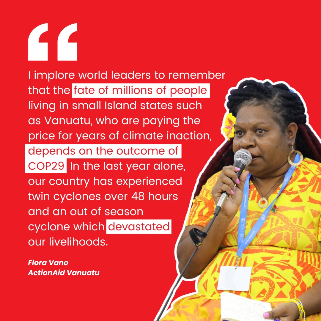 ❗ #COP29 ❗ Flora Vano from ActionAid Vanuatu has delivered a crucial message to world leaders who are gathered in Baku, Azerbaijan to decide on how much #ClimateFinance money to give to low income countries on the frontlines of the climate crisis. actionaid.org.au/resources/the-…