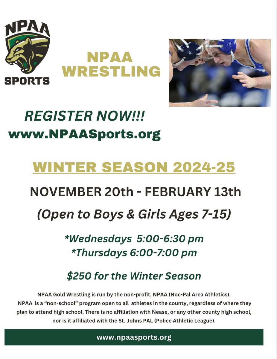 NPAA_Sports's tweet photo. Register now for NPAA Winter Wrestling!!! https://t.co/vMVZnSfUtt