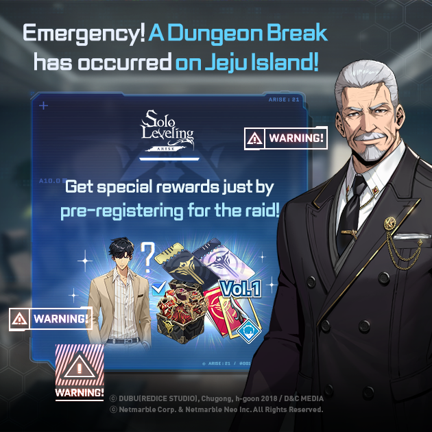 Sololv_ARISE_GL's tweet photo. ⚠Dungeon Break Alert!⚠

To protect Jeju Island from danger, the Hunters Association is recruiting hunters to join the <Jeju Island Raid>.

The more hunters who join, the more rewards the Hunter Association will offer as a token of appreciation! 💝

🔽 <Jeju Island Raid> Recruiting Hunters! Notice
https://t.co/oZz87BZ5xX

#sololevelingARISE #sololeveling
#sololevelinggame #netmarble #onlyilevelup
#jejuislandpreregistration