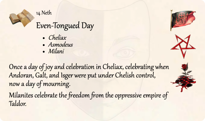 GolarionToday's tweet photo. 14 Neth: Even-Tongued Day
#Cheliax #Asmodeus #Andoran #Galt #Isger #EvenTonguedDay #4081AR
https://t.co/Le4yYPWk7s
Once a day of joy and celebration in Cheliax, celebrating when Andoran, Galt, and Isger were put under Chelish control, now a day of mourning.
Milanites celebrate… https://t.co/Ip9m9nmsLZ