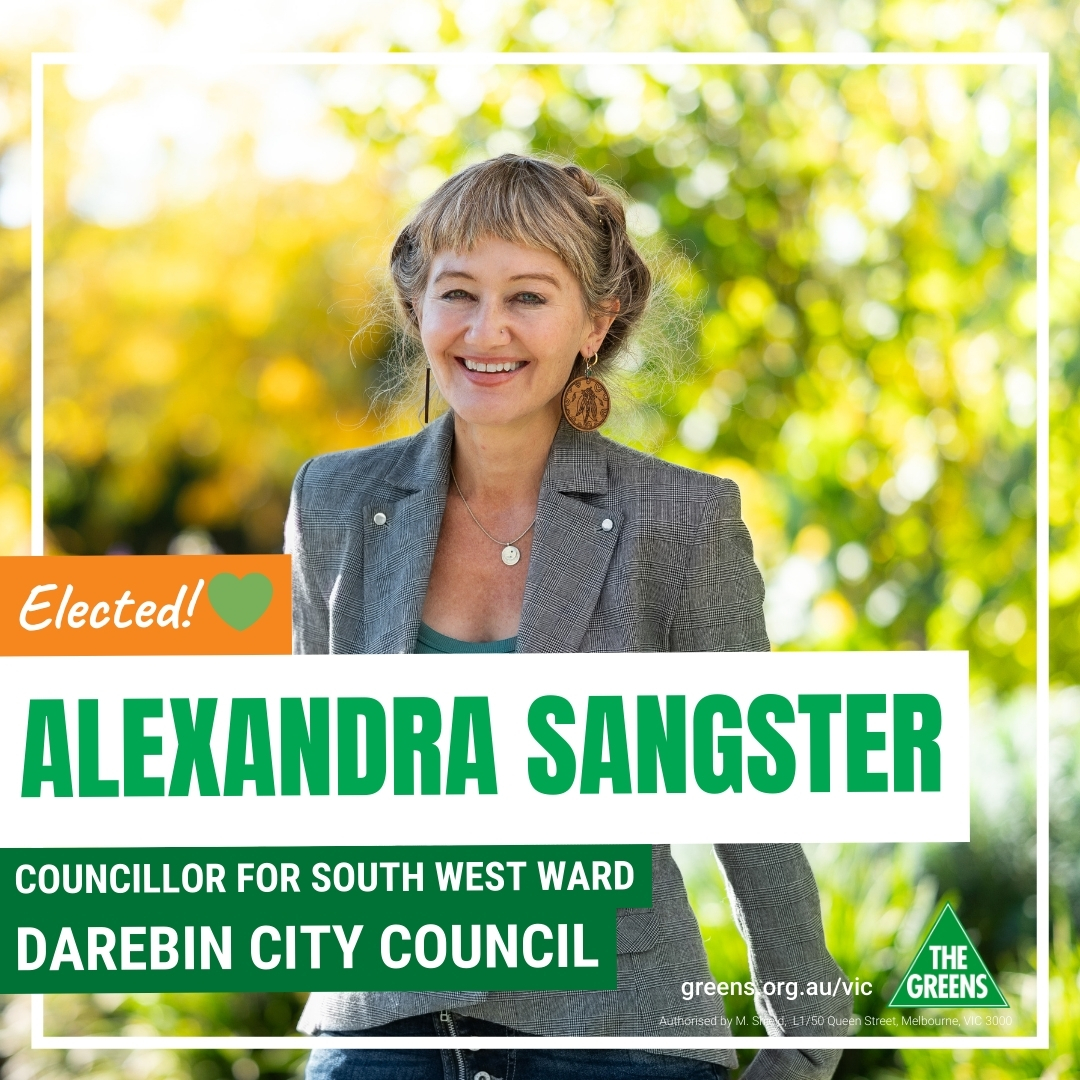 🎉 BREAKING: Alexandra Sangster elected in Darebin City Council!

Alexandra is committed to advocating for public and affordable housing, caring for Merri Creek, and enhancing local parks. 

Congrats Alexandra!