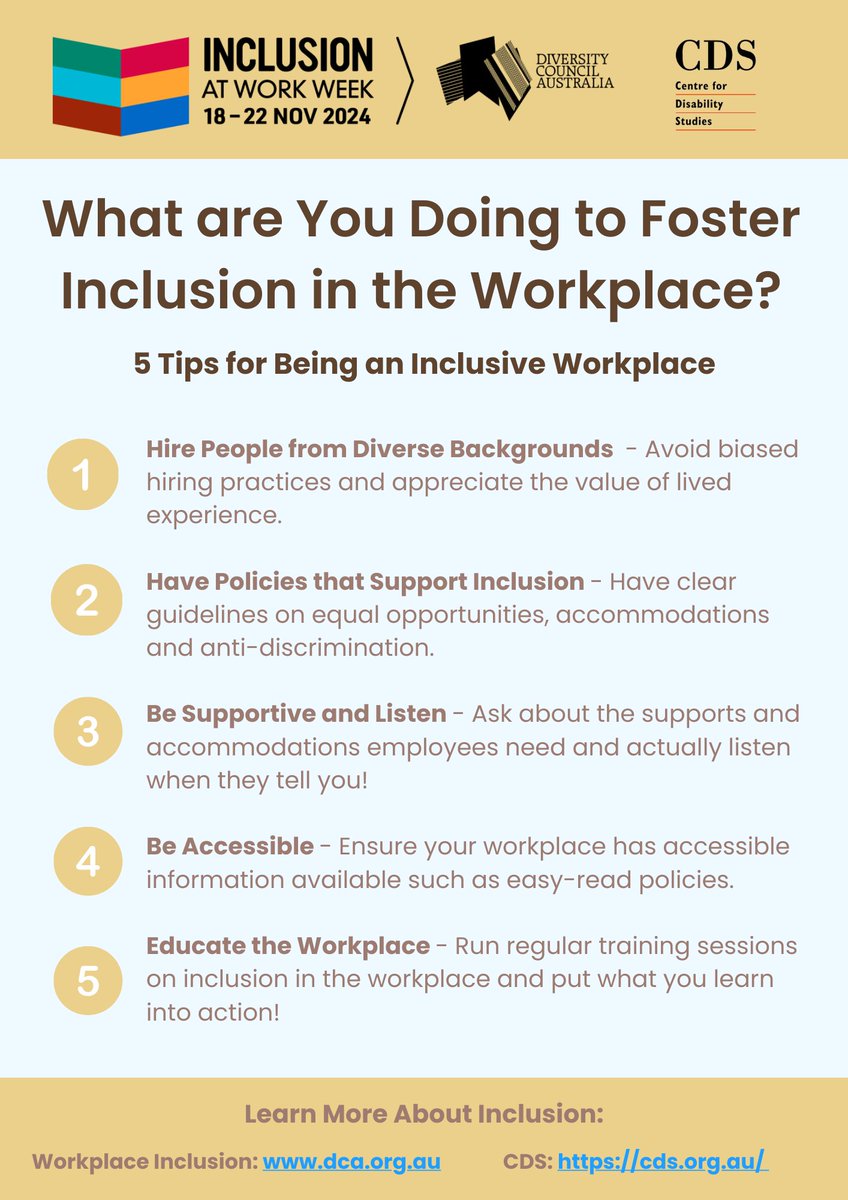CDS (@cds_sydney) on Twitter photo Inclusion benefits everyone. That’s why we are committed to taking action to create a more diverse and inclusive workplace.
What are you doing to foster inclusion in the workplace?
Read our 5 Tips for Being an Inclusive Workplace. #InclusionAtWorkWeek <a href="/DivCouncilAus/">DiversityCouncilAust</a> Inclusion benefits everyone. That’s why we are committed to taking action to create a more diverse and inclusive workplace.
What are you doing to foster inclusion in the workplace?
Read our 5 Tips for Being an Inclusive Workplace. #InclusionAtWorkWeek <a href="/DivCouncilAus/">DiversityCouncilAust</a>