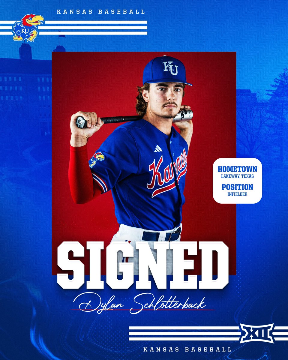 Kansas Baseball (@kubaseball) on Twitter photo Signed ✍️
🔴 Dylan Schlotterback
🔵 Lakeway, Texas
🔴 Infielder
#RockChalk x <a href="/SavageD99/">Dylan Schlotterback</a> Signed ✍️
🔴 Dylan Schlotterback
🔵 Lakeway, Texas
🔴 Infielder
#RockChalk x <a href="/SavageD99/">Dylan Schlotterback</a>