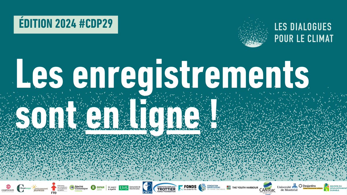 ⚠️ Vous avez manqué un débreffage, Petit RDV climatique ou Panel intersectoriel des #DialoguesClimat2024 ? 

📢 Retrouvez-le en ligne, sur la chaîne Youtube de <a href="/Reality_Canada/">Climate Reality Canada / Réalité climatique Canada</a>  #CdP29 

👉 C'est par ici : youtube.com/playlist?list=…
