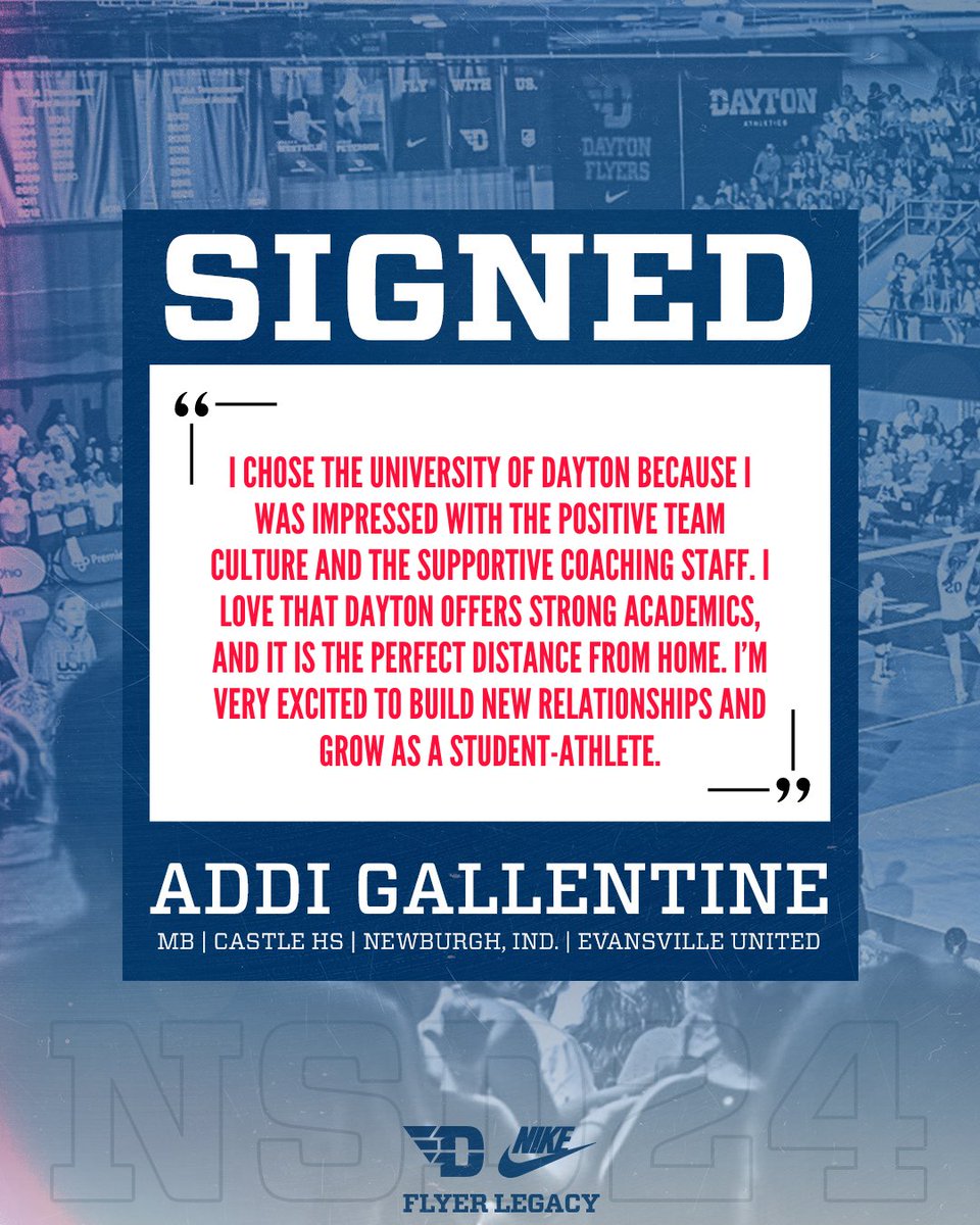Dayton Volleyball (@daytonvb) on Twitter photo Our final signee for the day is Indiana native <a href="/addigallentine/">Addisen Gallentine</a>!
Welcome to the Flyer Family!
#UDVB // #GoFlyers // #FlyerLegacy // #NSD24 Our final signee for the day is Indiana native <a href="/addigallentine/">Addisen Gallentine</a>!
Welcome to the Flyer Family!
#UDVB // #GoFlyers // #FlyerLegacy // #NSD24