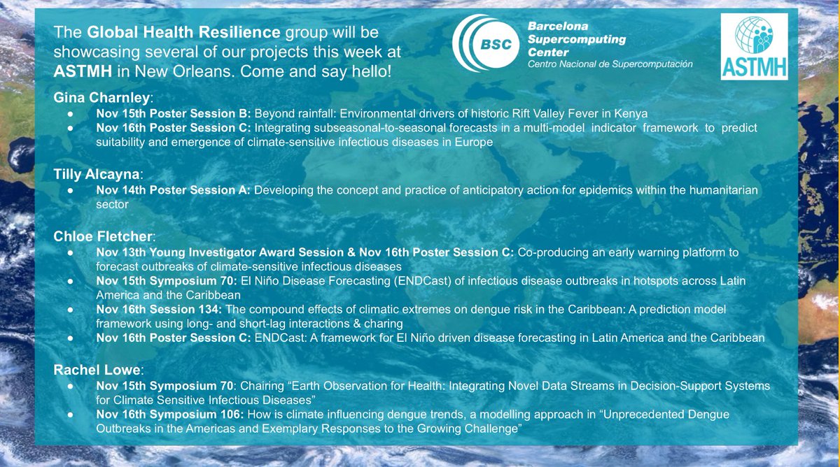 drrachellowe's tweet image. The @BSC_CNS Global Health Resilience group will be in New Orleans this week @ASTMH #TropMed24 to share the latest findings from our #climateandhealth projects. Please come and say hello! 👋

@IDAlertproject @e4warning @wellcometrust #HARMONIZE_tools @cmmid_lshtm @LSHTM_Planet