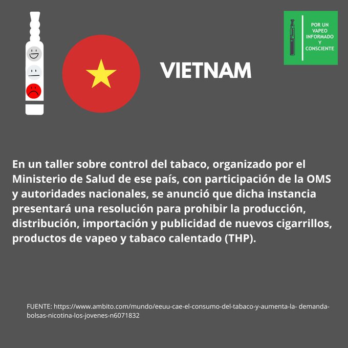 Vietnam: En un taller sobre control del tabaco, organizado por el Ministerio de Salud de ese país, con participación de la OMS y autoridades nacionales, se anunció que dicha instancia presentará una resolución para prohibir la producción, distribución, importación y publicidad de nuevos cigarrillos, productos de vapeo y tabaco calentado (THP).