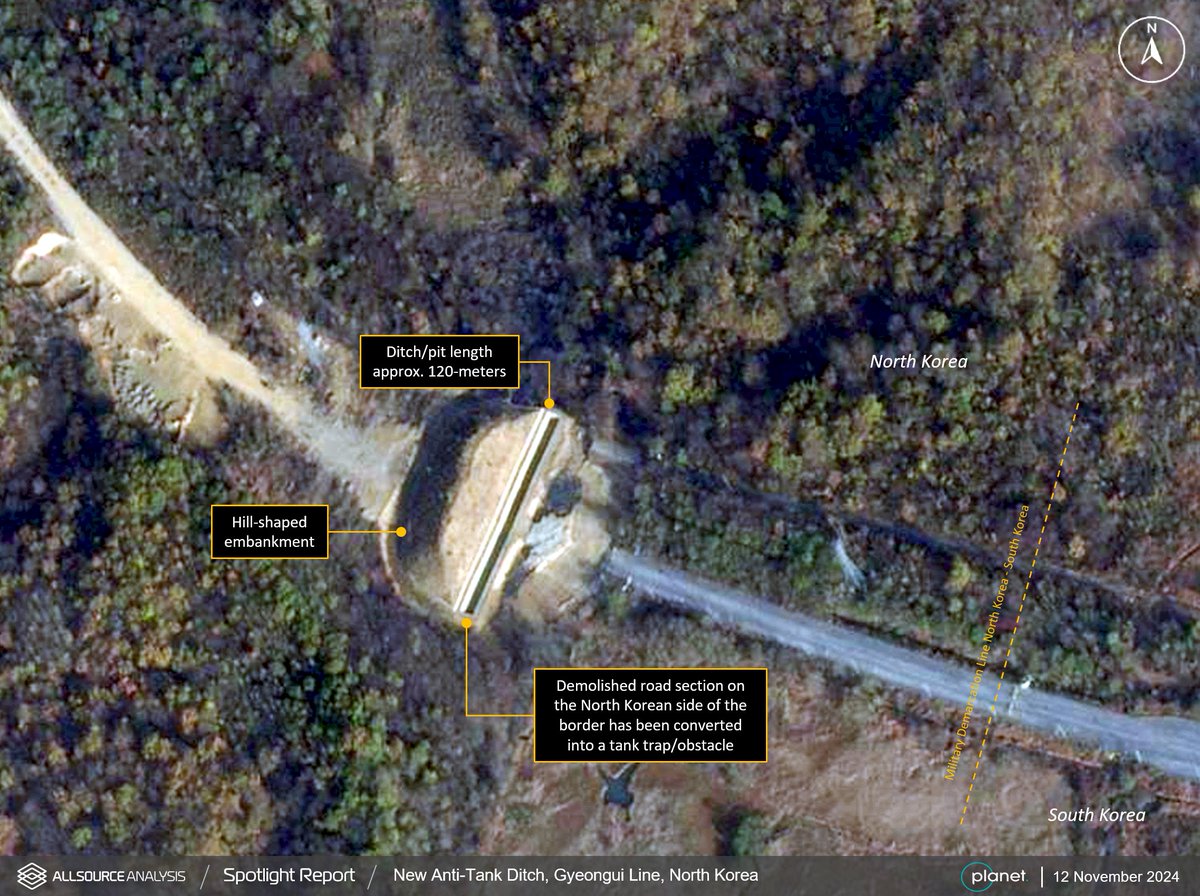 AllSourceA's tweet photo. GEOINT analysis on 12 November 2024 shows construction of an anti-tank ditch on a road link between North Korea and South Korea. https://t.co/epfzHD4aZI
Spotlight Report - Critical intelligence delivered to your inbox: https://t.co/41rBw545Cn
#GEOINT #SpotlightReport #NorthKorea https://t.co/pwZmXMjEcM
