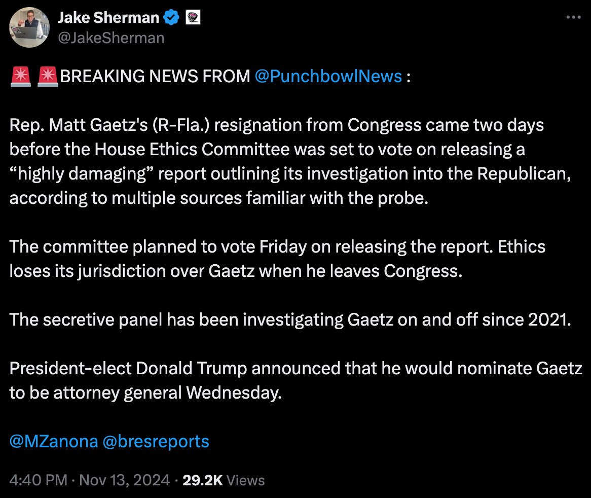 WUTangKids's tweet image. WOW very convenient resignation by Matt Gaetz….h/t @JakeSherman