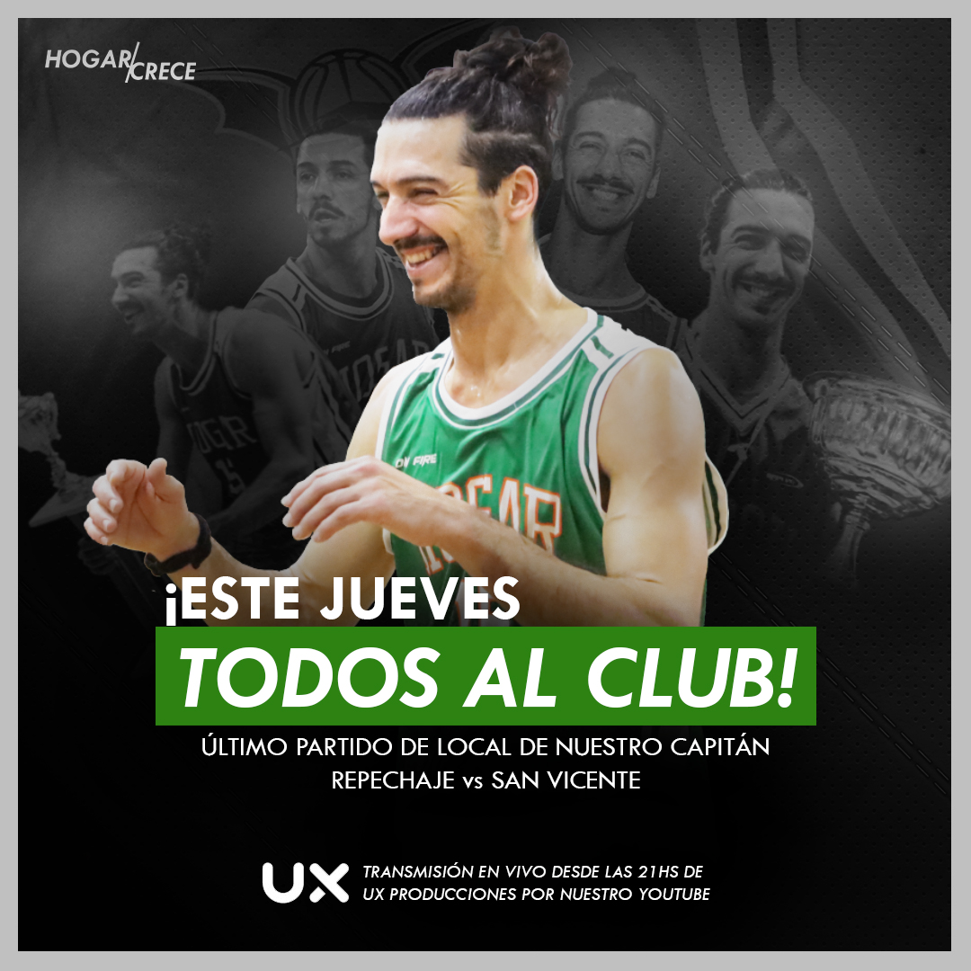 🏀 ¡Este jueves al club! 🫡

El Hogar Social disputará el 2do juego del Repechaje vs San Vicente a las 21:30hs en busca de igualar la serie por el ascenso y será el último partido de local de Juli.

¡Vení a apoyar y estar junto a nuestro capitán en su último encuentro en casa 💚